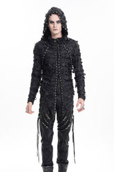 Black Studs Long Sleeves Lace-Up Ripped Men's Gothic Hooded Coat